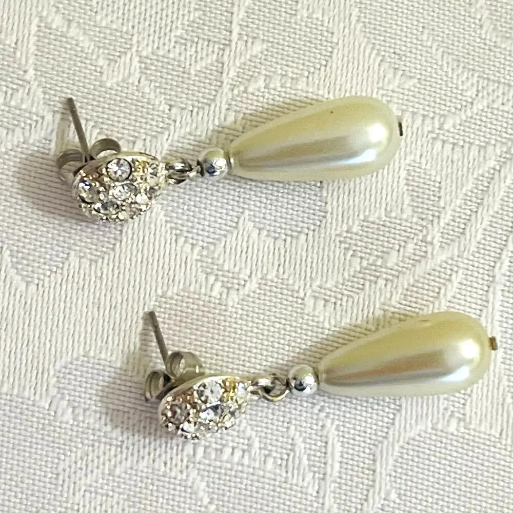 Vtg Rhinestone Faux Pearl Drop Dangling Earrings Bridal Formal Statement